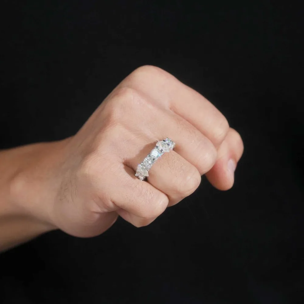 Hip Hop Iced Moissanite Eternity Band Wedding Ring for Men Women S925 Silver Pear Round Shaped Moissanite Stackable Band Gift