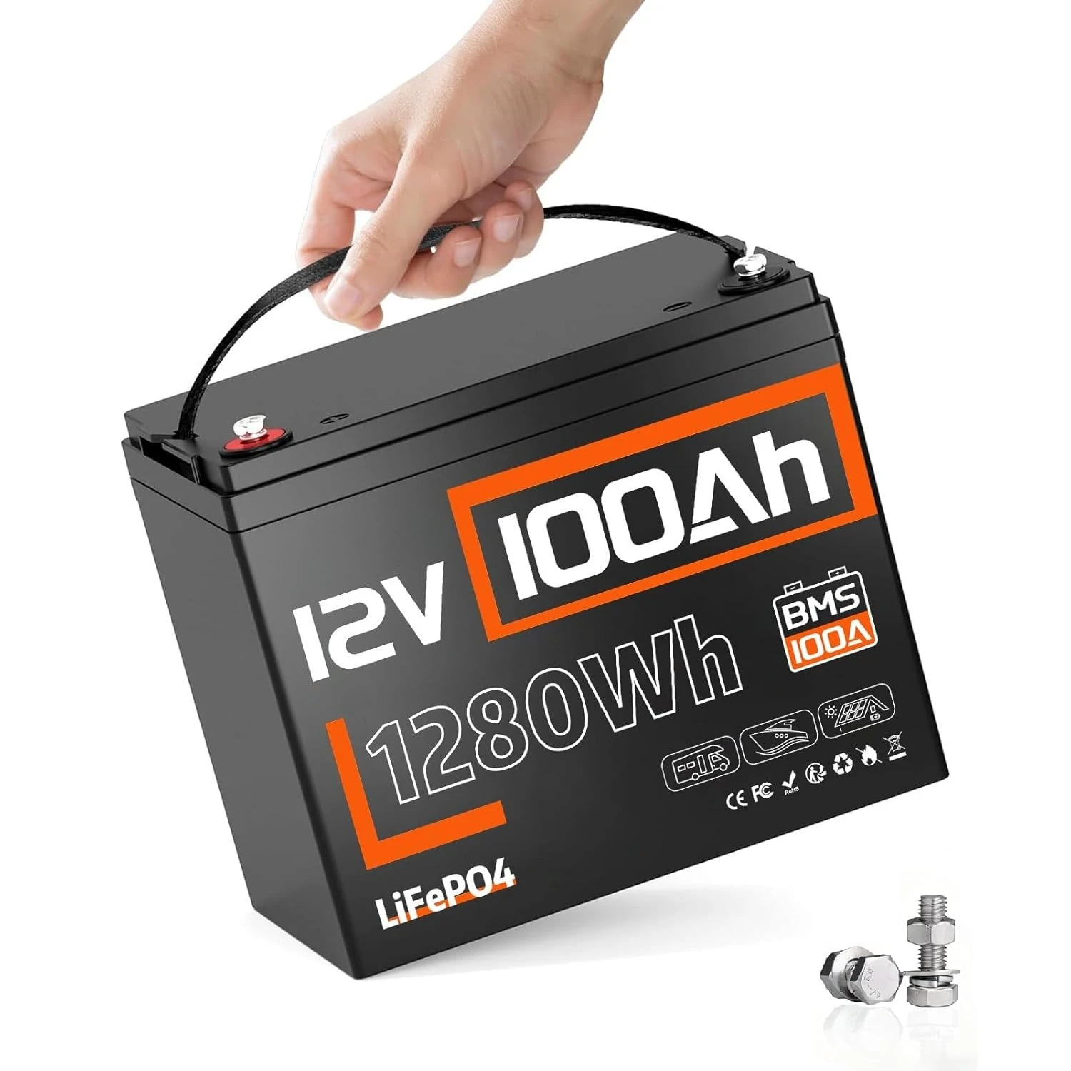 

Аккумуляторная батарея LiFePO4 12В 100Ач глубокого цикла, группа 24, IP67, со встроенной BMS 100А, энергия 1280Втч, 15000+ циклов, настраиваемая под заказ