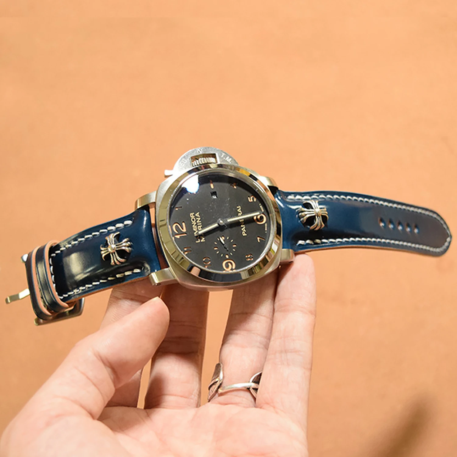 FOR PANERAI WATCH STRAP - HORWEEN CORDOVAN LEATHER, SILVER STUDS, HANDMADE GENUINE LEATHER, VINTAGE LUXURY STYLE
