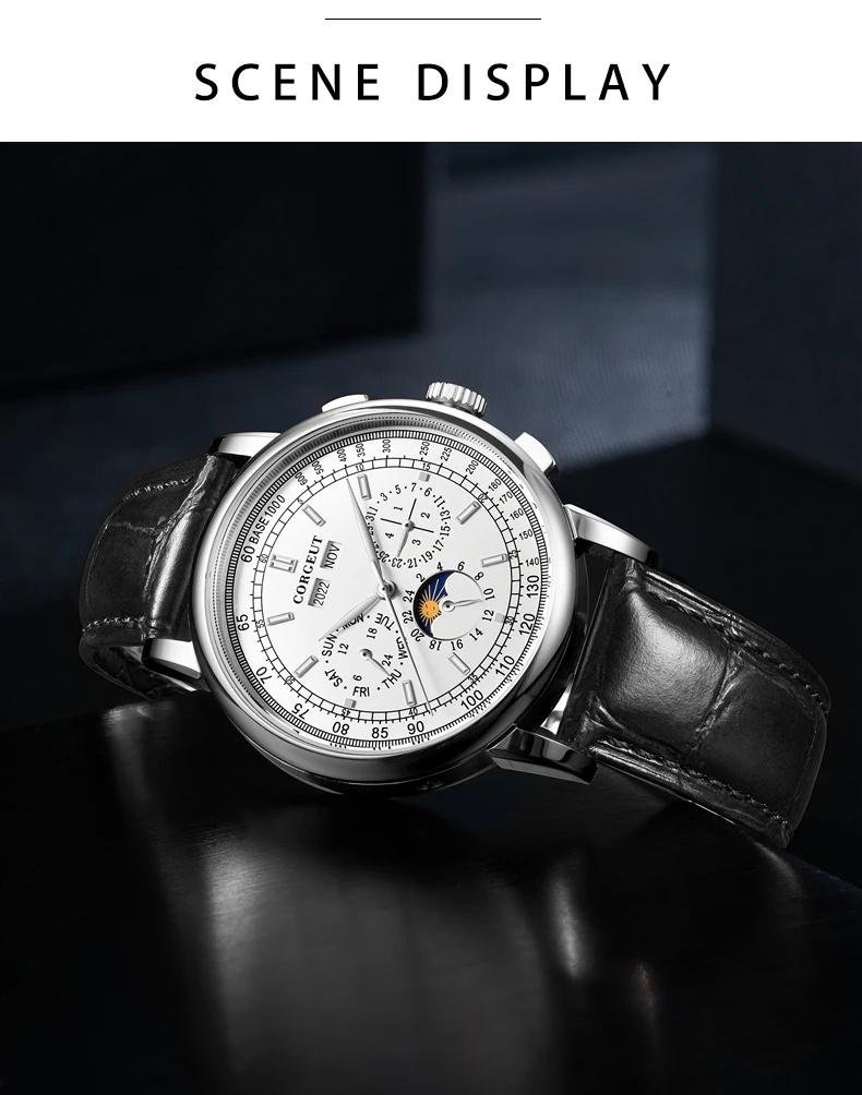 CORGEUT Luxus-Herrenuhr 41mm Automatische Mechanische Uhr mit Lederarmband Saphirglas Anzeige von Jahr, Datum & Woche – Detail 9