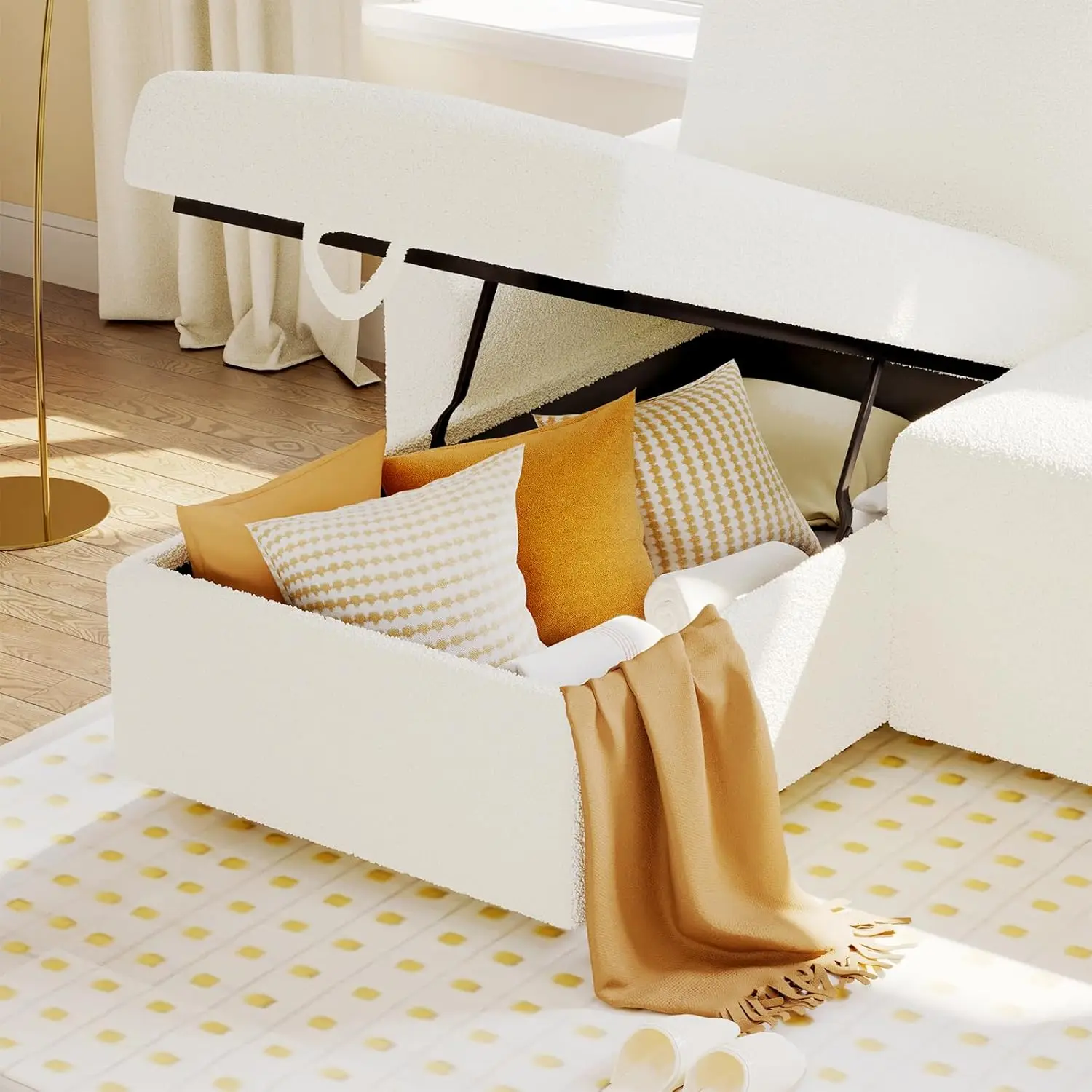 أريكة سرير، أريكة نوم - سرير أريكة قابل للسحب 2 في 1 مع كرسي تخزين لغرفة المعيشة، شيربا أبيض 84 بوصة × 59 بوصة × 39 بوصة