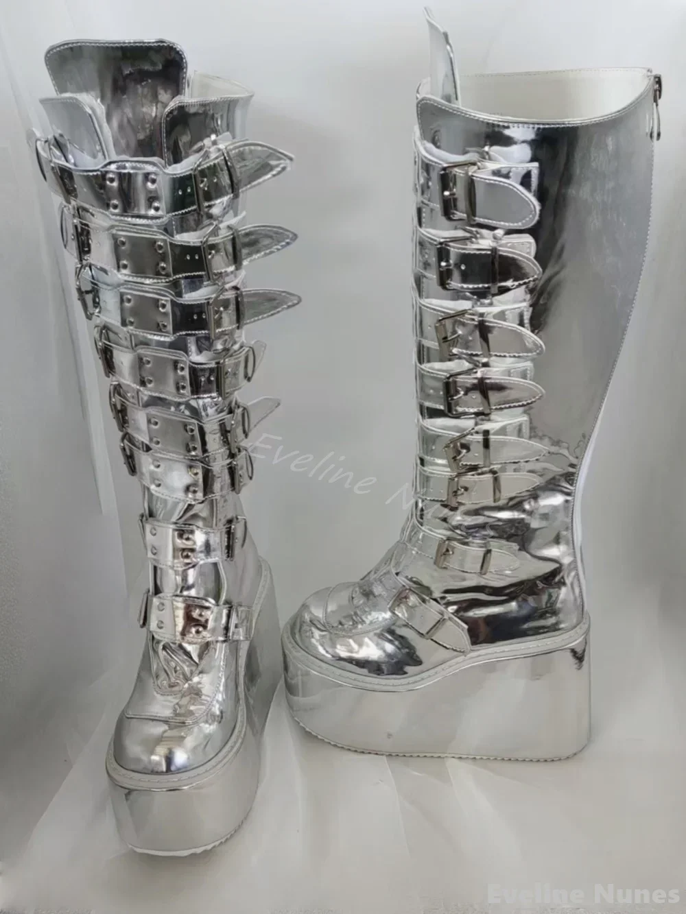 Silver Platform Wedges Knee High Boots Women Buckle Strap Mirror Boots Metallic Silver Daily Casual Dress Gothic Sexy Mary Jane