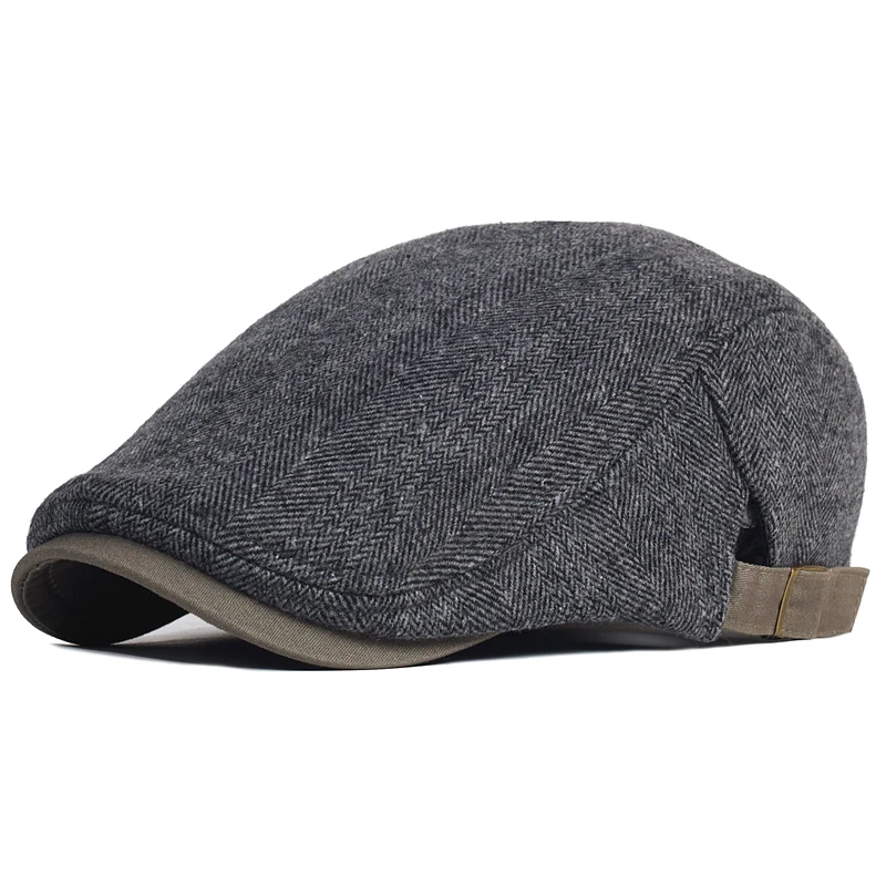 Big Size Winter Newsboy Cap Men Wool Thick Warm Vintage Herringbone Casual Stripe Berets Gatsby Flat Hat Peaked Cap Adjustable