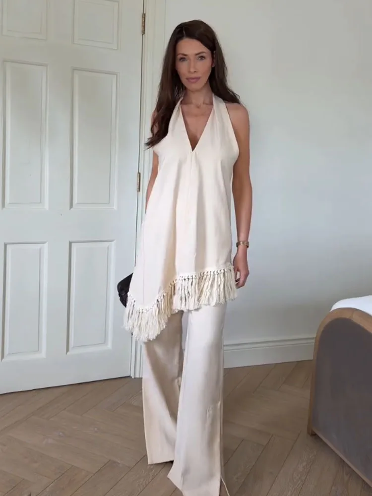 

Женский модный комплект: топ без рукавов с бахромой и асимметричным вырезом халтер + повседневные свободные брюки с разрезом на молнии