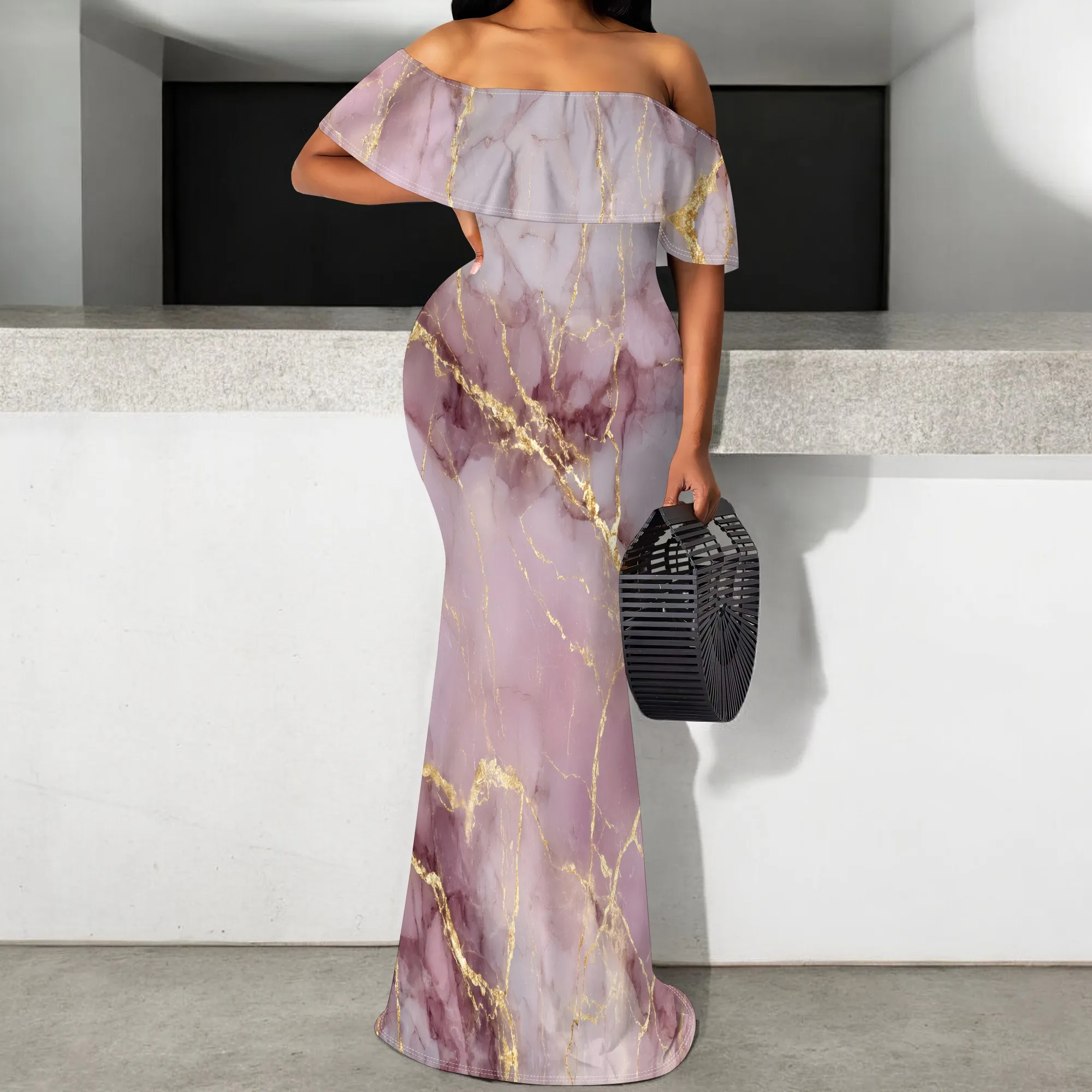 

Off Shoulder Marble Print Maxi Dress for Women 2025 Elegant Ruffle Sleeve Bodycon Mermaid Gown S-3XL