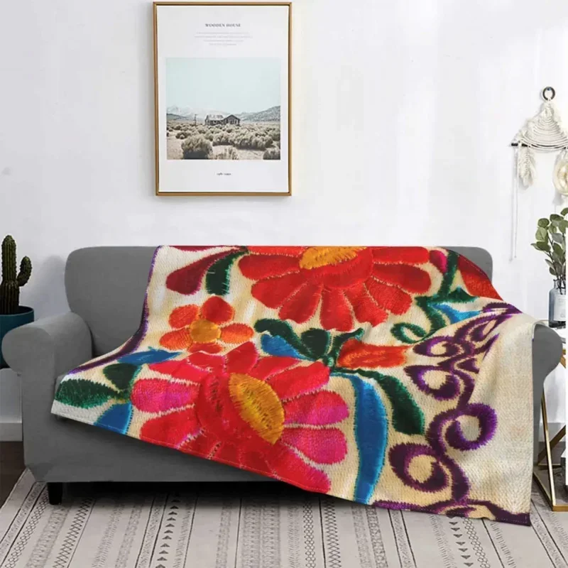 Mexican Flowers Embroidery Art Blanket 3D Printed Soft Fleece Warm Floral Folk Throw Blankets for Office Bedroom Couch Quilt