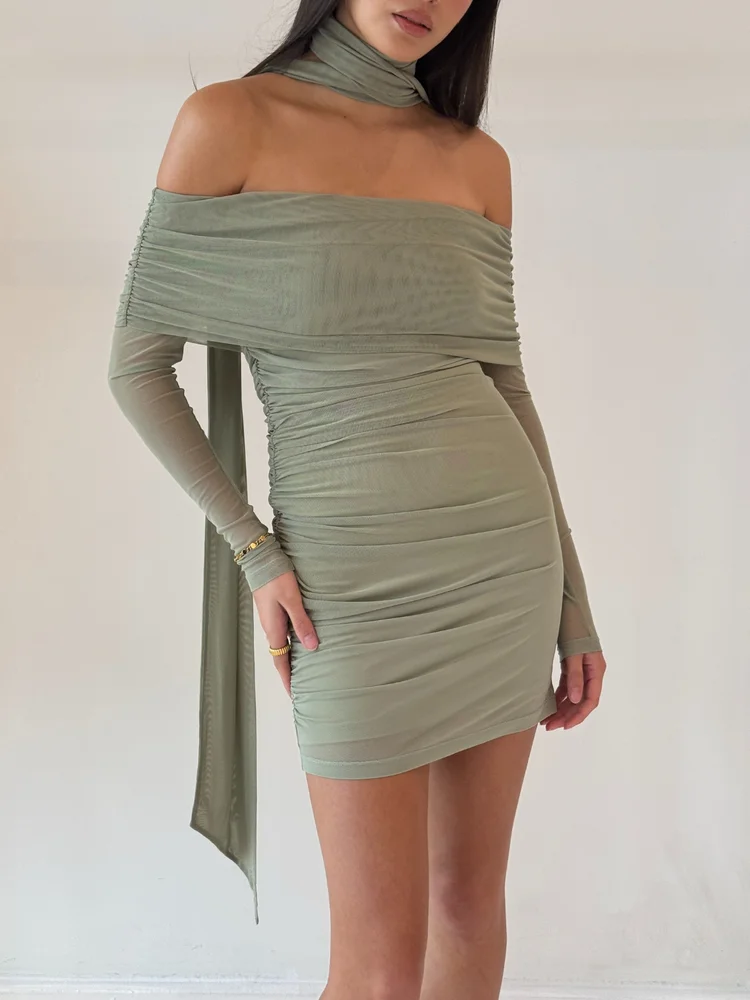

Blifanbo Polka Dot Off-shoulder Sexy Mini Dress Fashion Strapless Long Sleeve For Women Backless Draped Ruched Club Party Dress
