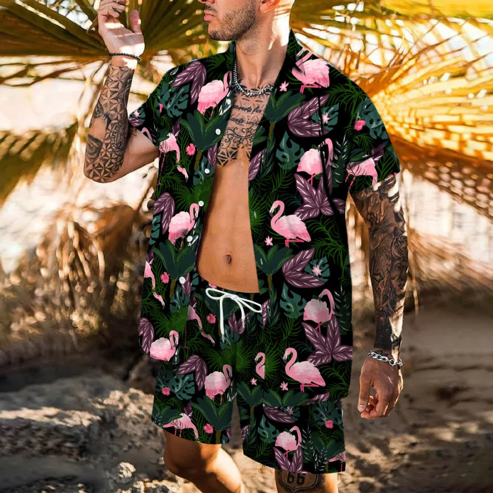 Strand gedruckt Hawaii Set Herren 2 Stück Hemd 3D-Druck lose Freizeit Kurzarm Strand Shorts Shirt Urlaub Mode zweiteilig Set