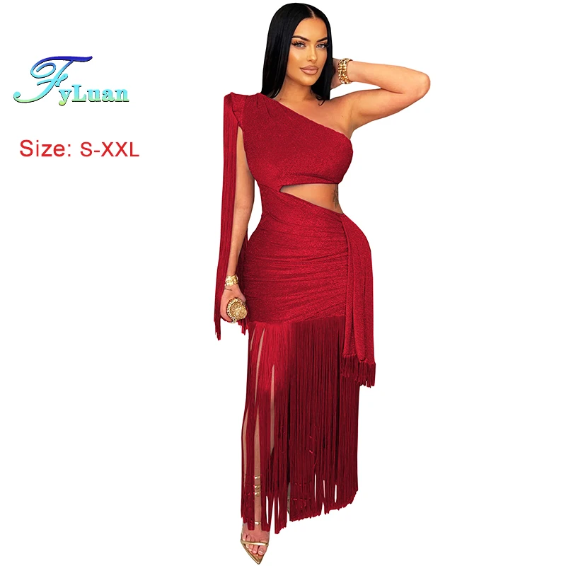 2025年ヨーロッパスタイルレディースロングドレスカジュアル無地ワンショルダータッセルドレスセクシーカットアウトウエストスリミングクラブパーティー服