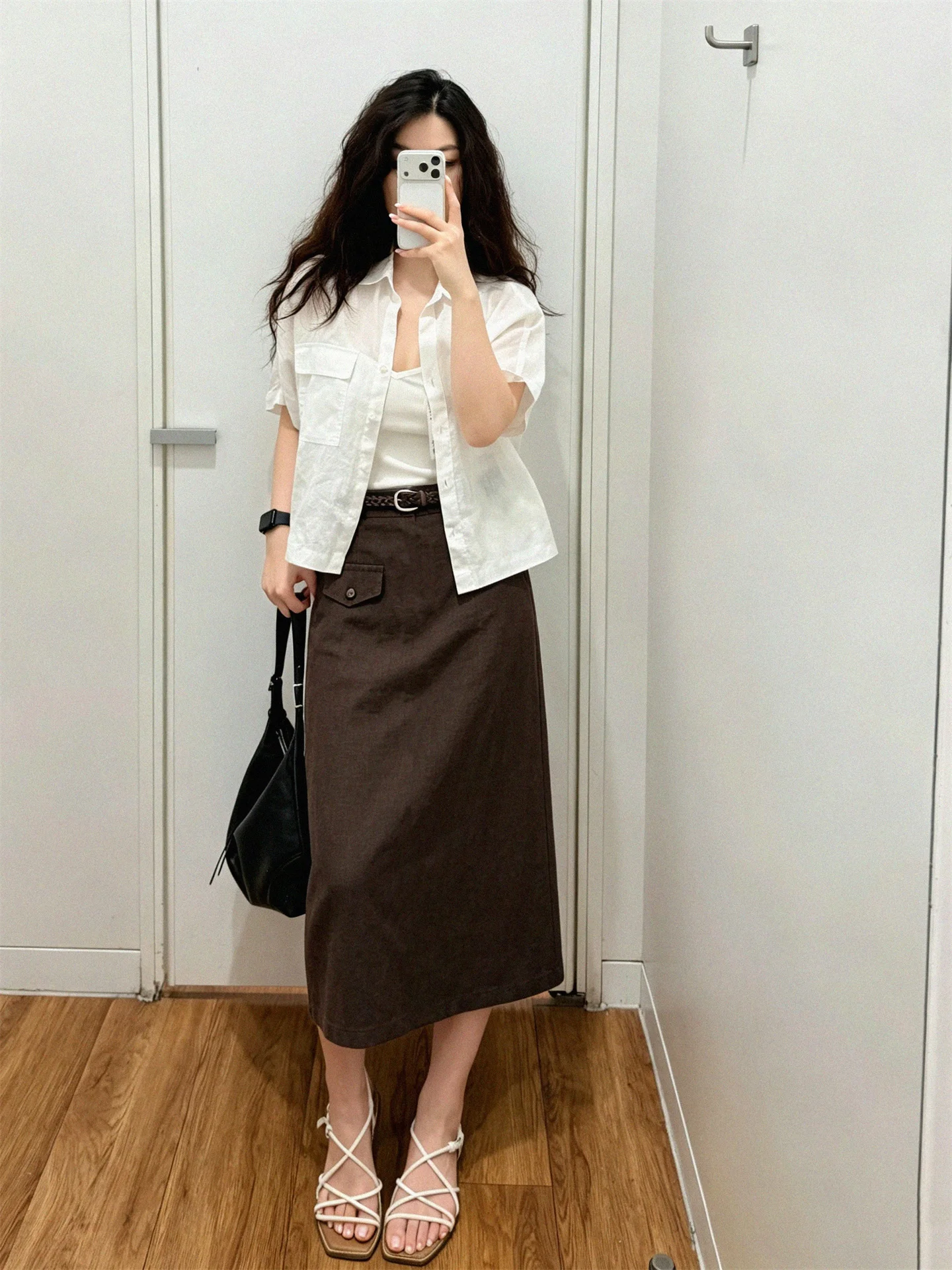 BANA High Waist A-Line Midi Skirt with Slit Casual Style Women's Half Skirt Linen Material Belted Straight Cut Summer New
