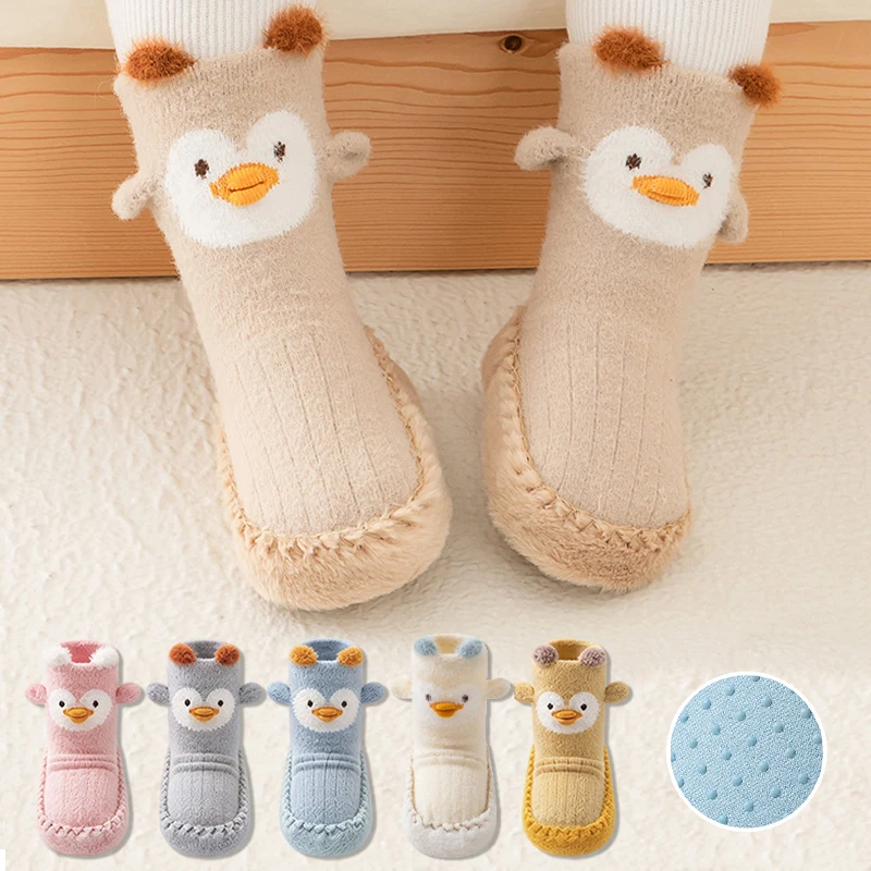 Non-Slip Baby Floor Socks Shoes Cute Cartoon Penguin Toddler Floor Socks Warm Winter Infant Walking Socks for Newborn
