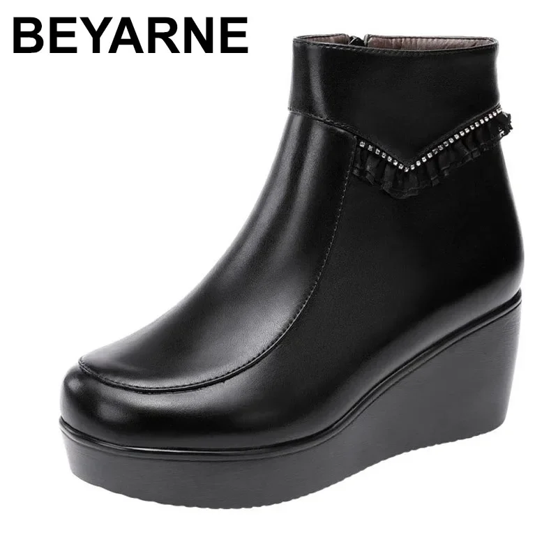 BEYARNEPlus Size32-43Platform Shoes Women Boots Fall Winter Black Medium Heel Leather Ankle Boots Ladies Wedges Boots with