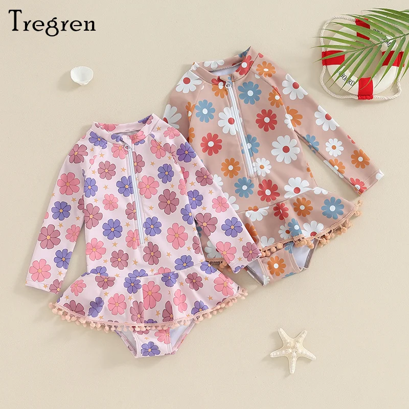 

Tregren 1-6Y Kids Girl Rash Guard Swimsuit Floral Print Long Sleeve Zip Up Swimwear Summer Bathing Suit Sun-Protection Beachwear