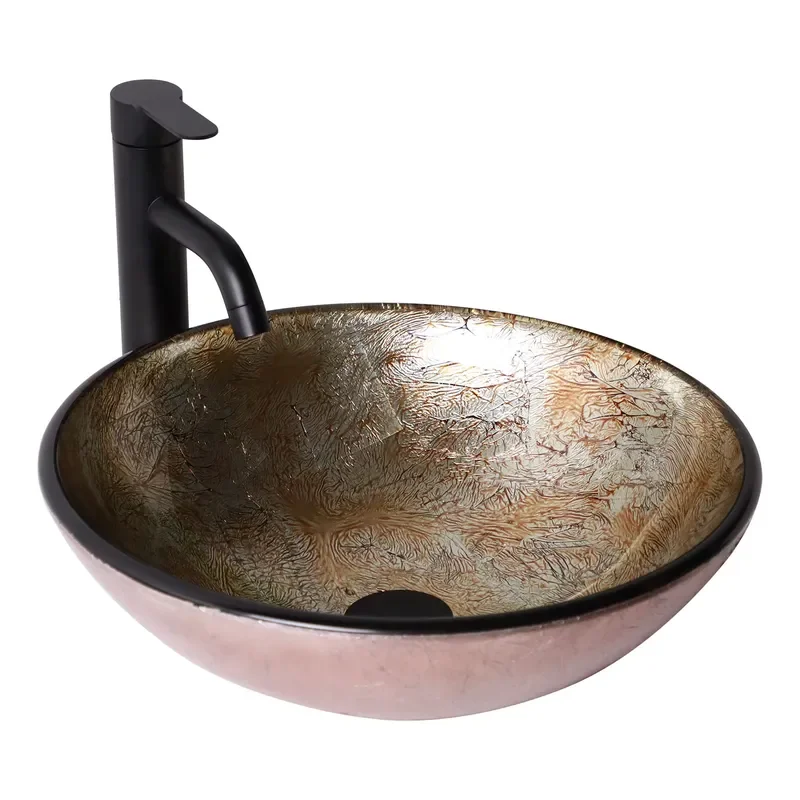 17 Inch Silver Tempered Glass Bathroom Sink Round Vessel Basin with Pop Up Drain Boat Shape Design Top Mount Washbasin for