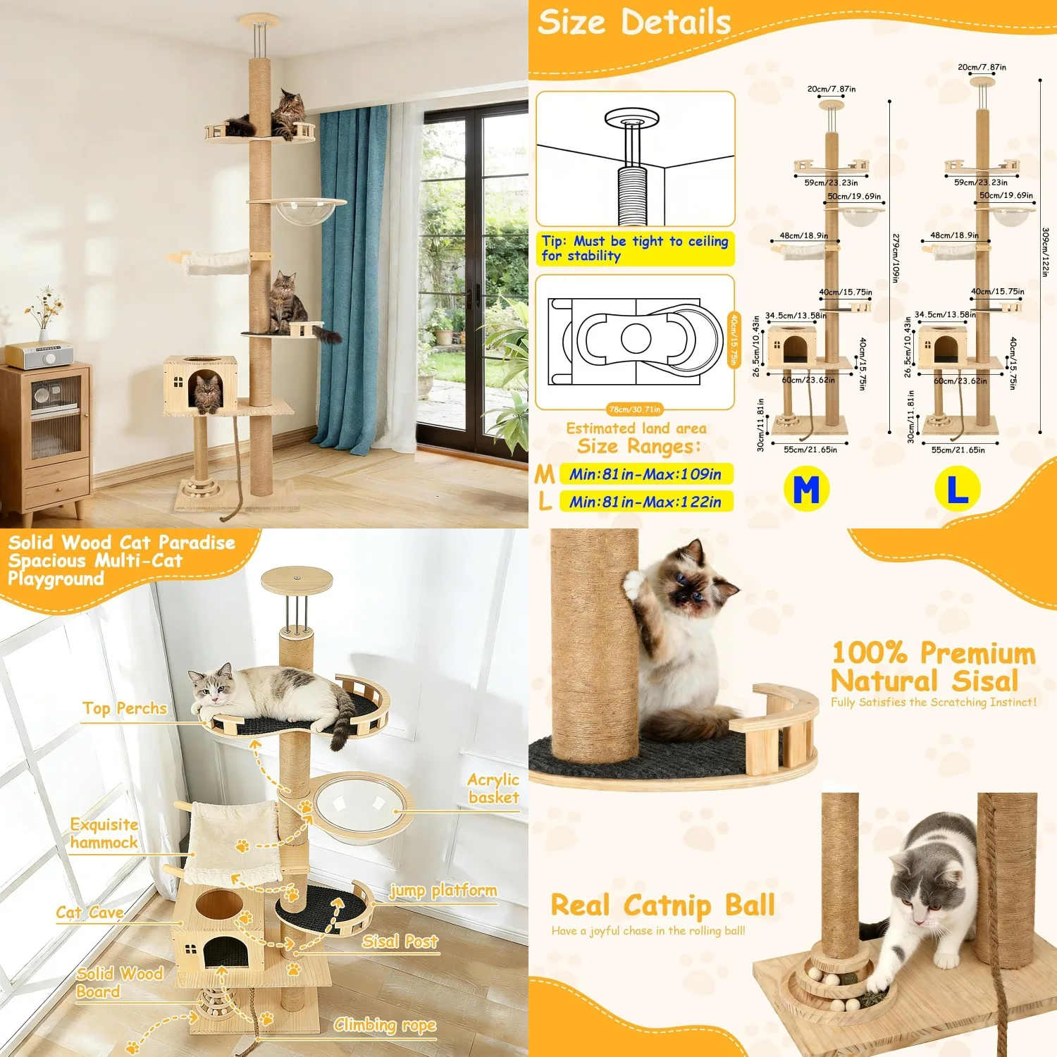 

Floor to Ceiling Cat Tree, 6 Tier Tall Cat Tower Adjustable Height (81-109 in), Modern Cat Tree Tower for Indoor, Customized