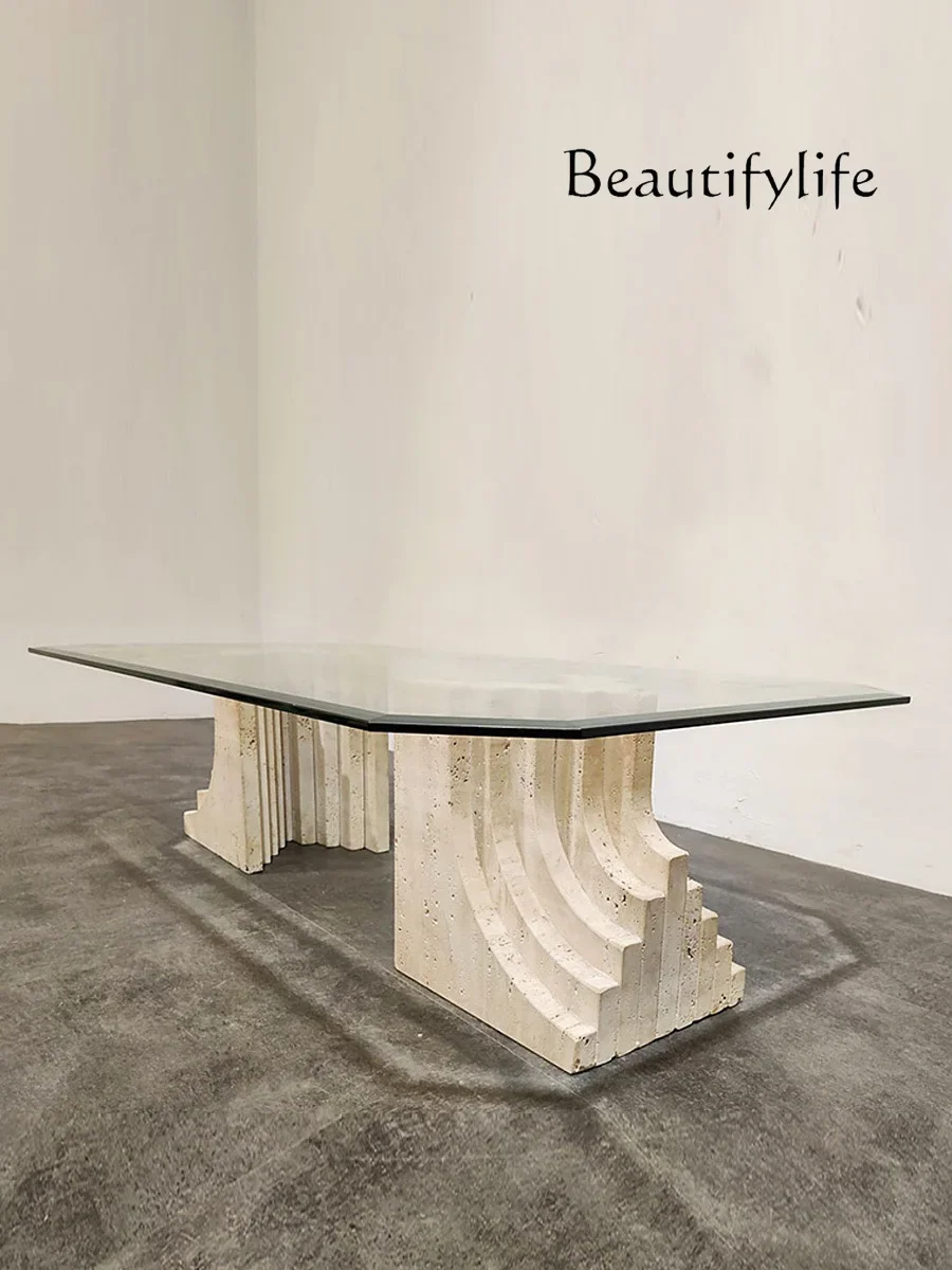 

AA Modern simple tempered glass coffee table living room designer creative art square natural travertine marble tea table