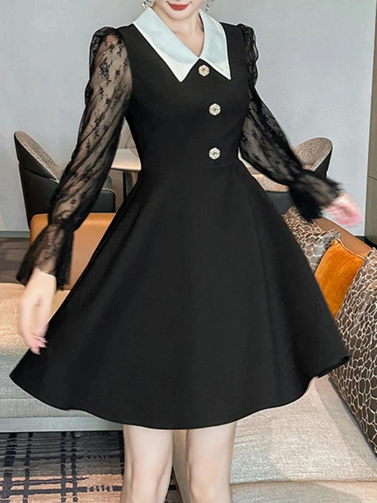 

Elegant Spliced Mesh Black Dress For Women Lapel Full Sleeves Button High Slim Waist A-line Dresses 2025 New 2DC1284