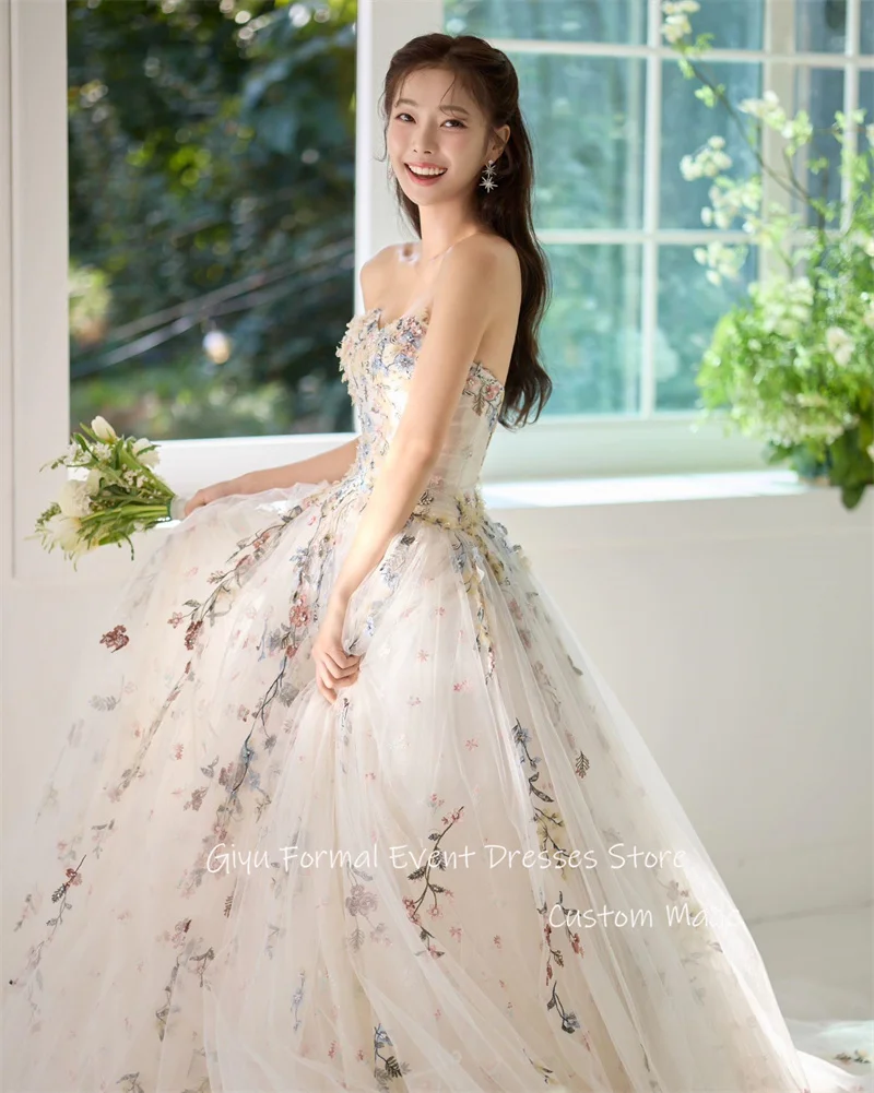 

Giyu Elegant Colorful Beads Printed Floral Lace Wedding Dresses Korea Photoshoot Sweetheart Tulle Bride Dress Corset Back