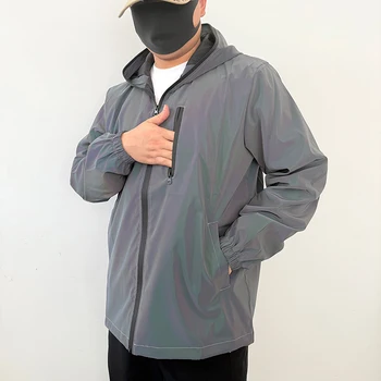 Men's Night Reflective Windproof Hooded Jacket Hip-hop Streetwear Couple Trend Coat for Outdoor Cycling Jogging Safety Clothing 4
