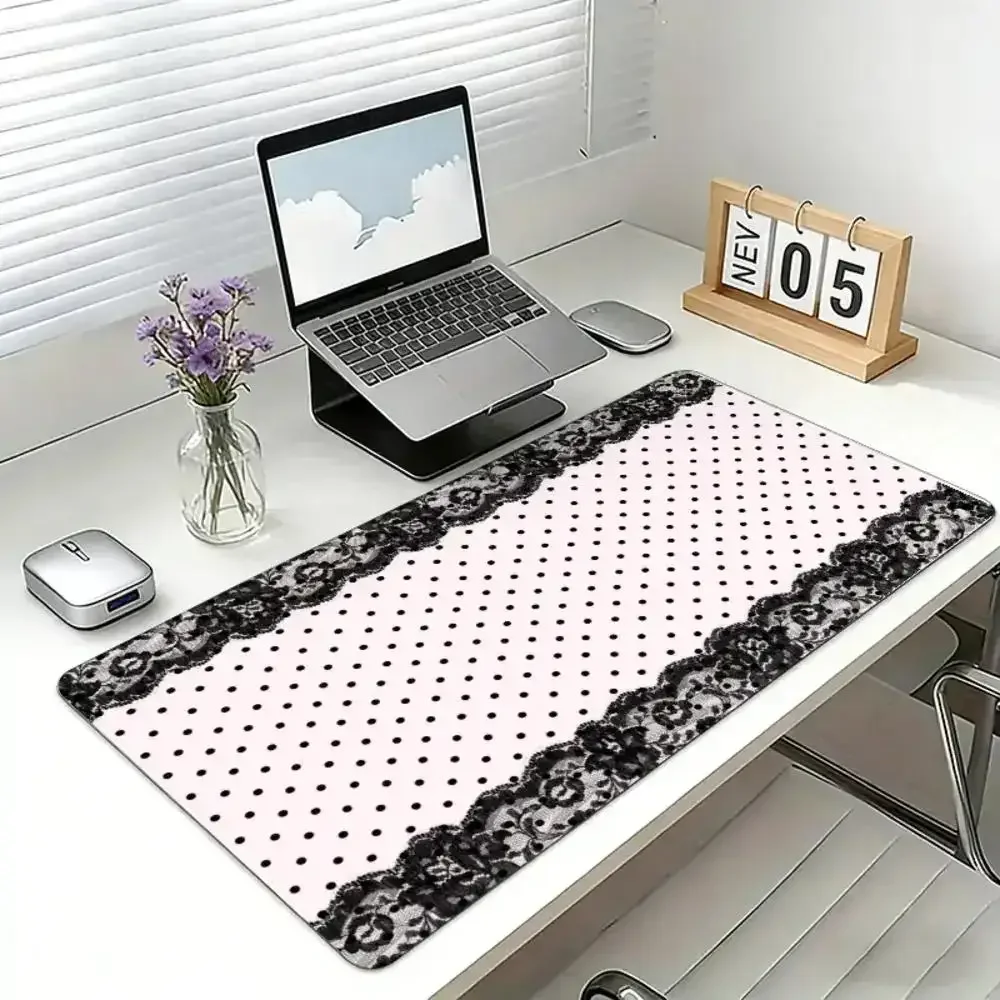 Pink Black Polka Dot Lace Leather Desk Pad Mouse Protector XXL Large Mouse Pad Home &Office Desk Mat PU Leather Laptop Mouse Pad