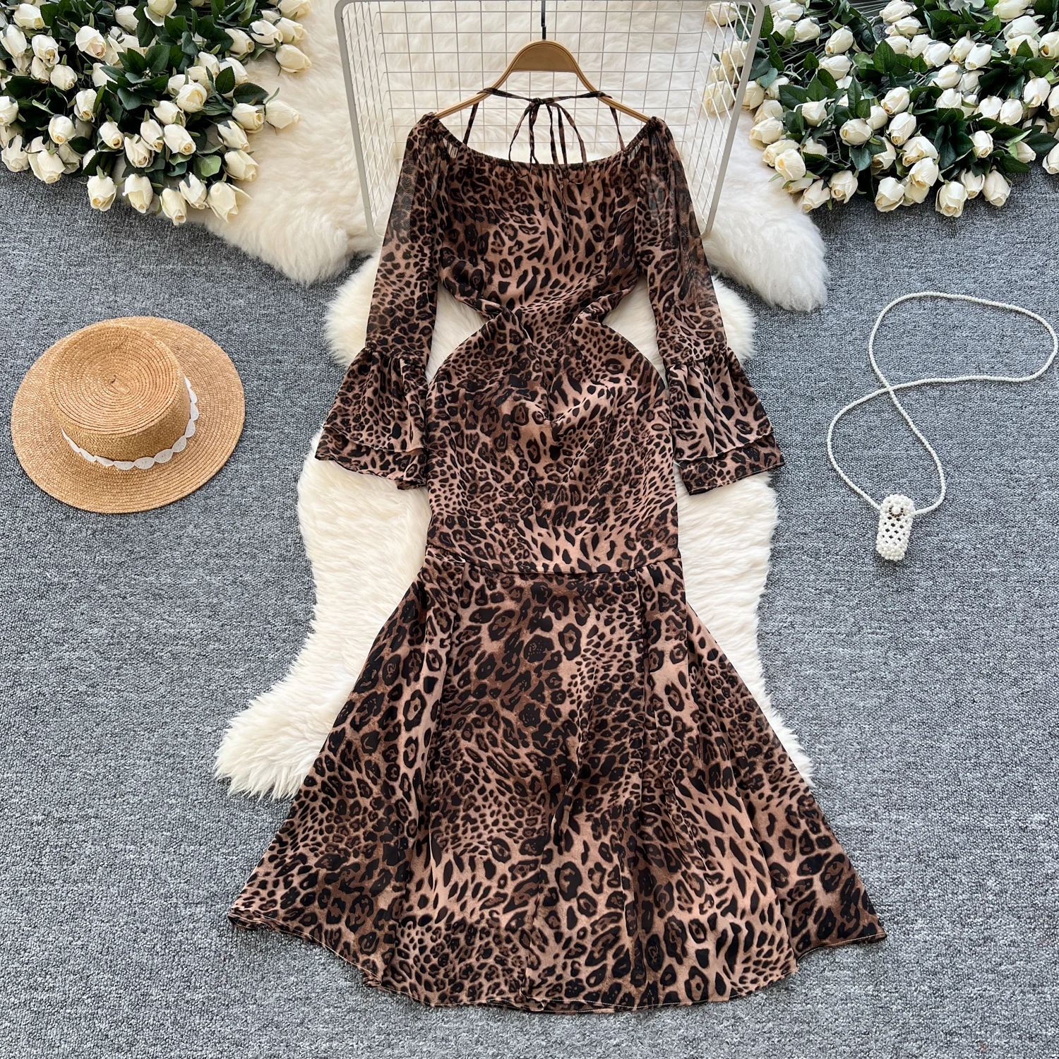Elegant Long Flare Sleeve Vintage Slash Neck Halter Chic Leopard Slim Mermaid Dress Hotsweet Evening High Street Autumn Clothing