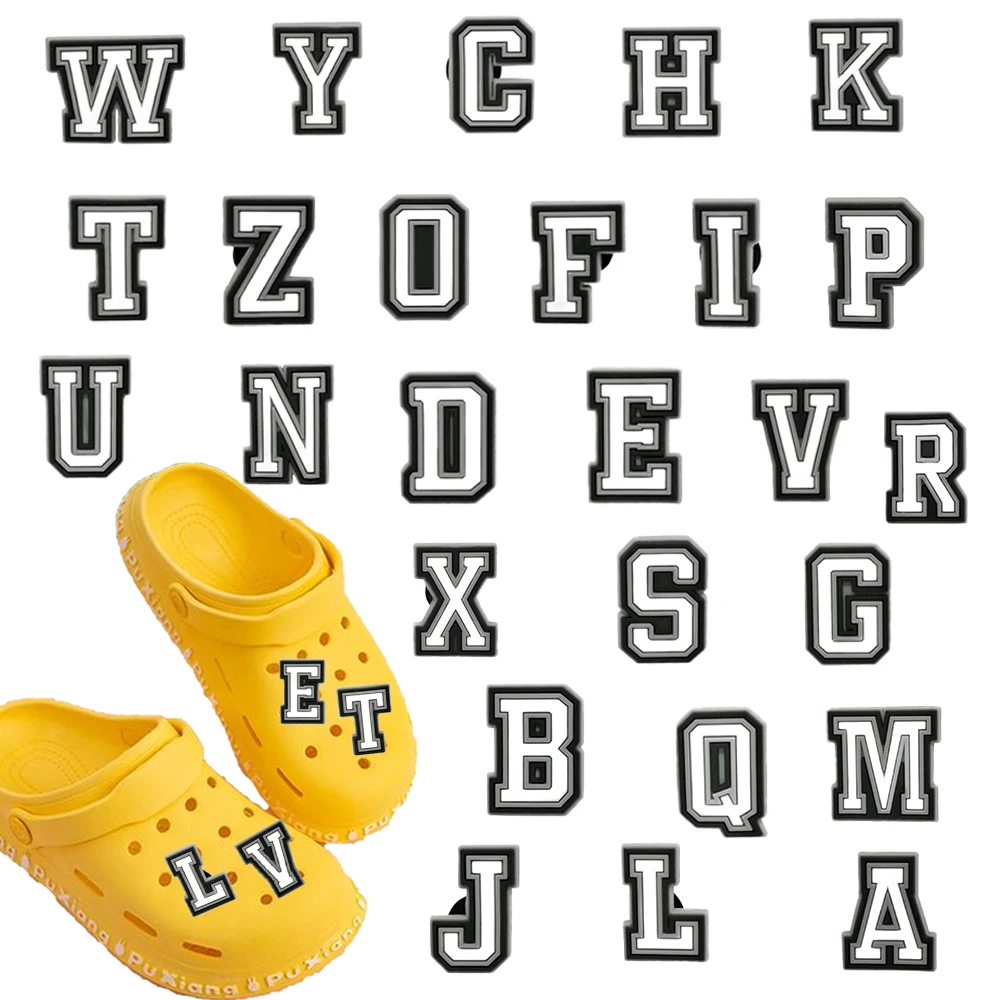 26pcs Black and White Letter Series PVC Shoe Accessories Wristbands Slipper Decoration DIY Creativity Shoe Accessories Gifts