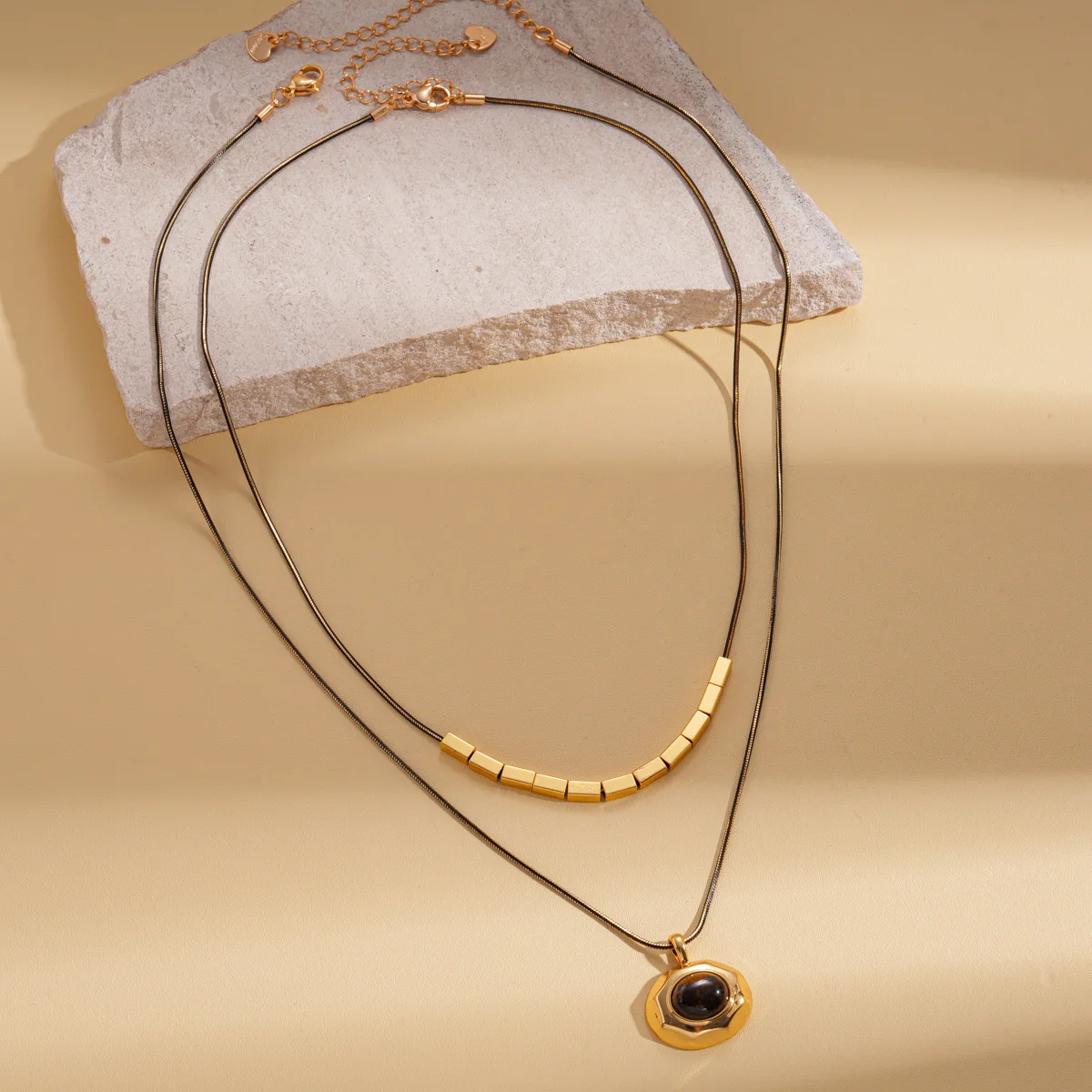 

2PCS Double Side Layered Natural Tigers' Eyes Pendant Necklace for Women PU Rope Chains Popular Collar Jewelry Gifts