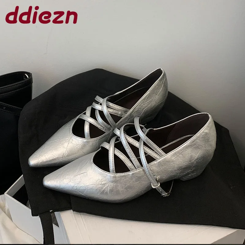 

2025 новые модные женские туфли на каблуке с пряжкой и ремешком, женская обувь с острым носком, женские туфли-лодочки на низком каблуке на мелком каблуке