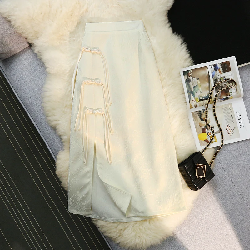 자카드 버클 중간 길이 분할 하이 웨이스트 A 라인 스커트 여성용, 중국 스타일, 2024 용수철 여름 신상