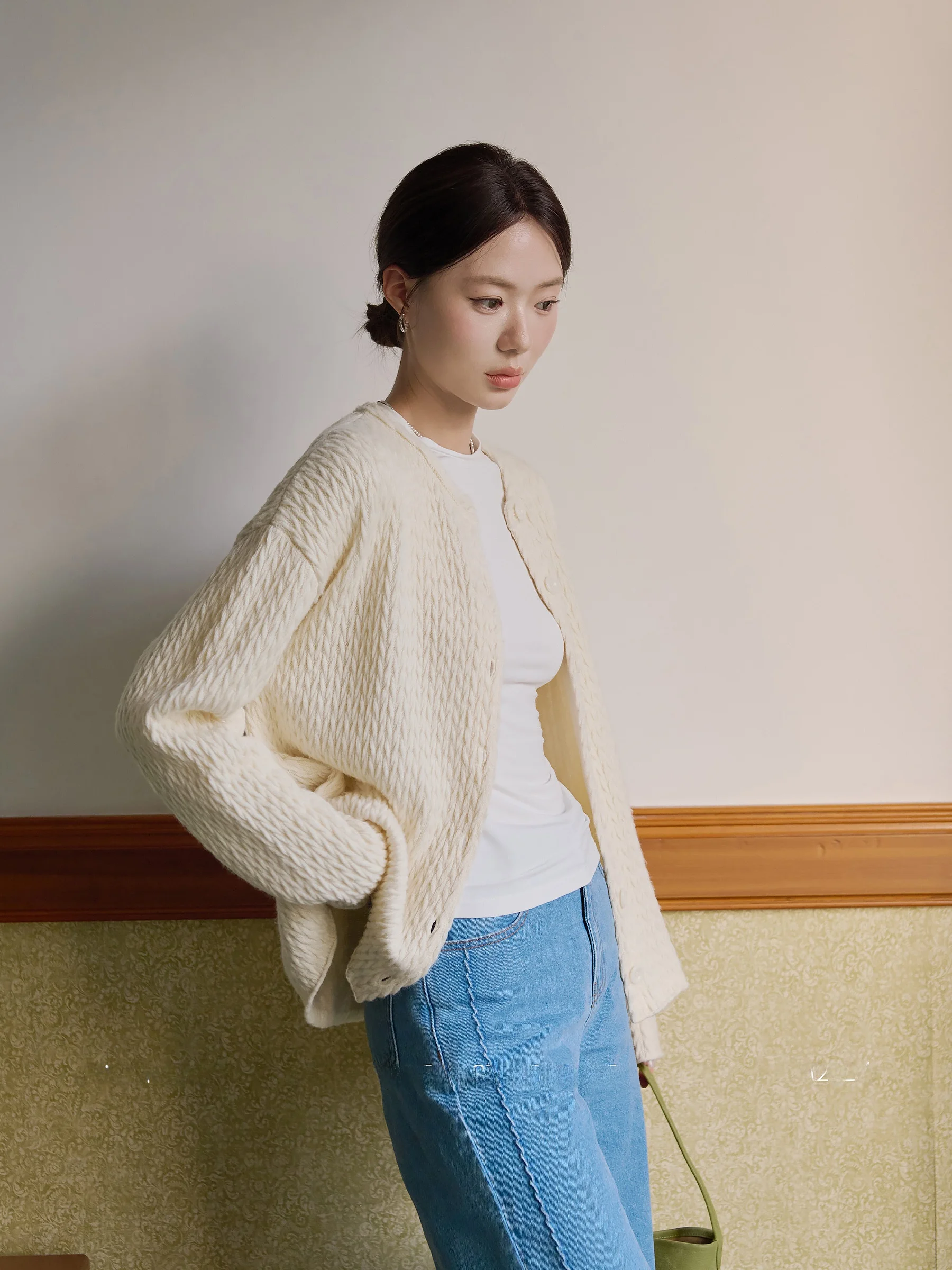 

Кардиган DH из мягкой шерсти с крупным цветочным узором, белый персик, свободный крой, ранняя весна, нежный, расслабляющий, с ромбовидным плетением