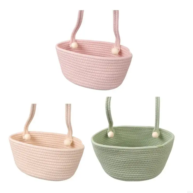 R66D Hanging Cotton Rope Baby Bed Basket Large Compartment Nursery Storage