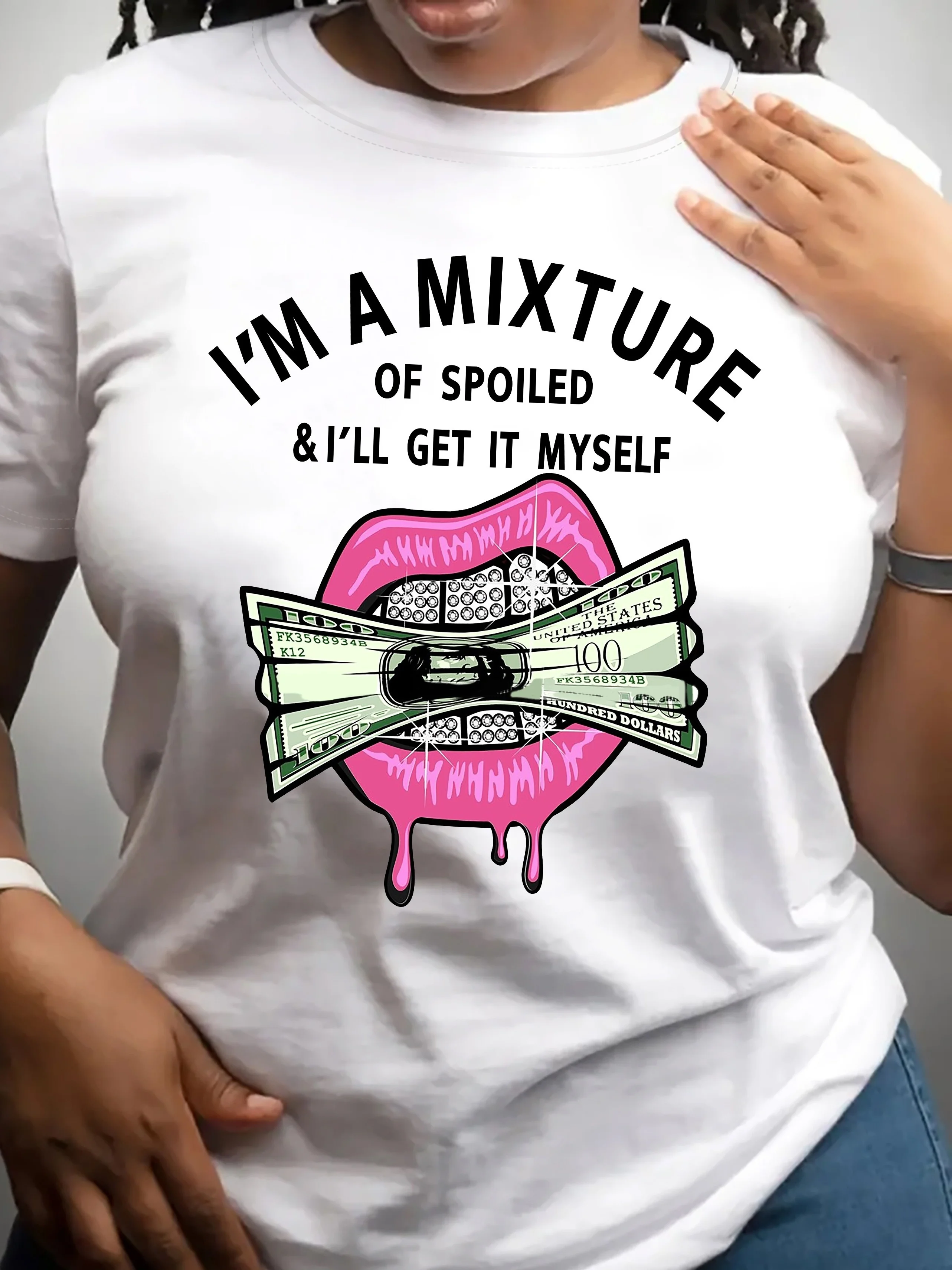 

plus SizeMoney & Lips Printed round Neck T-shirt, Spring/Summer Casual Short-Sleeved Top, Women's Clothing