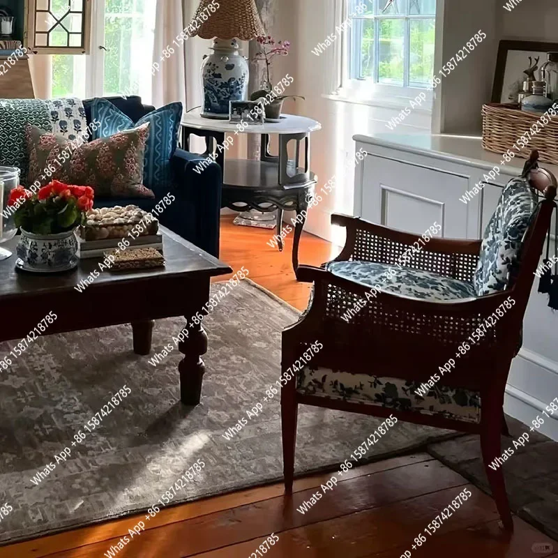 

S American Retro Solid Wood Single Sofa Antique Living Room Leisure Chair Fabric Soft Bag High Back Rattan Chair