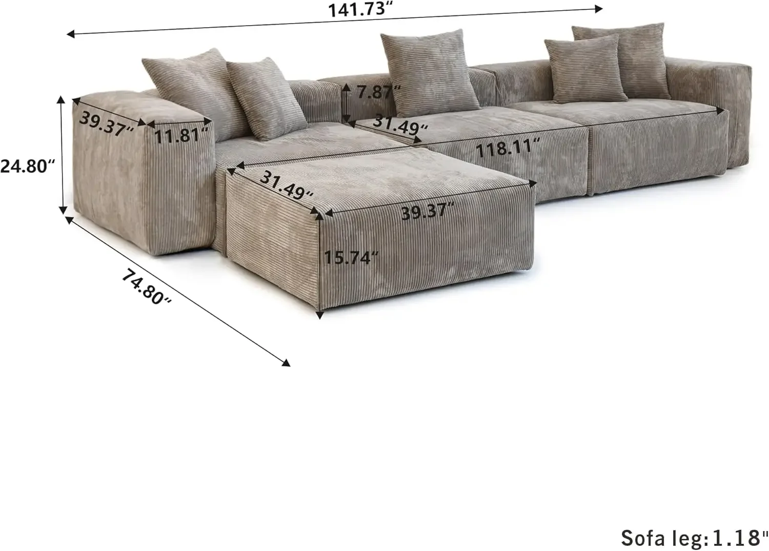 Modern Sectional Couch Sofa, Corduroy Modular Sectional Couch, Oversized Soft Couches for Living Room, Office (Light Brown)