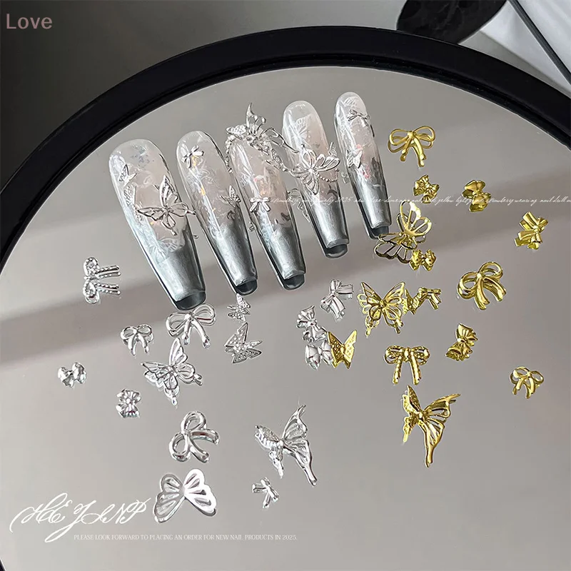 [L & P] 50 قطعة سبائك القوس فراشة DIY بها بنفسك الذهب الفضة مسمار زينة الأظافر اكسسوارات مسمار سحر مسمار الفن تصميم مانيكير لوازم