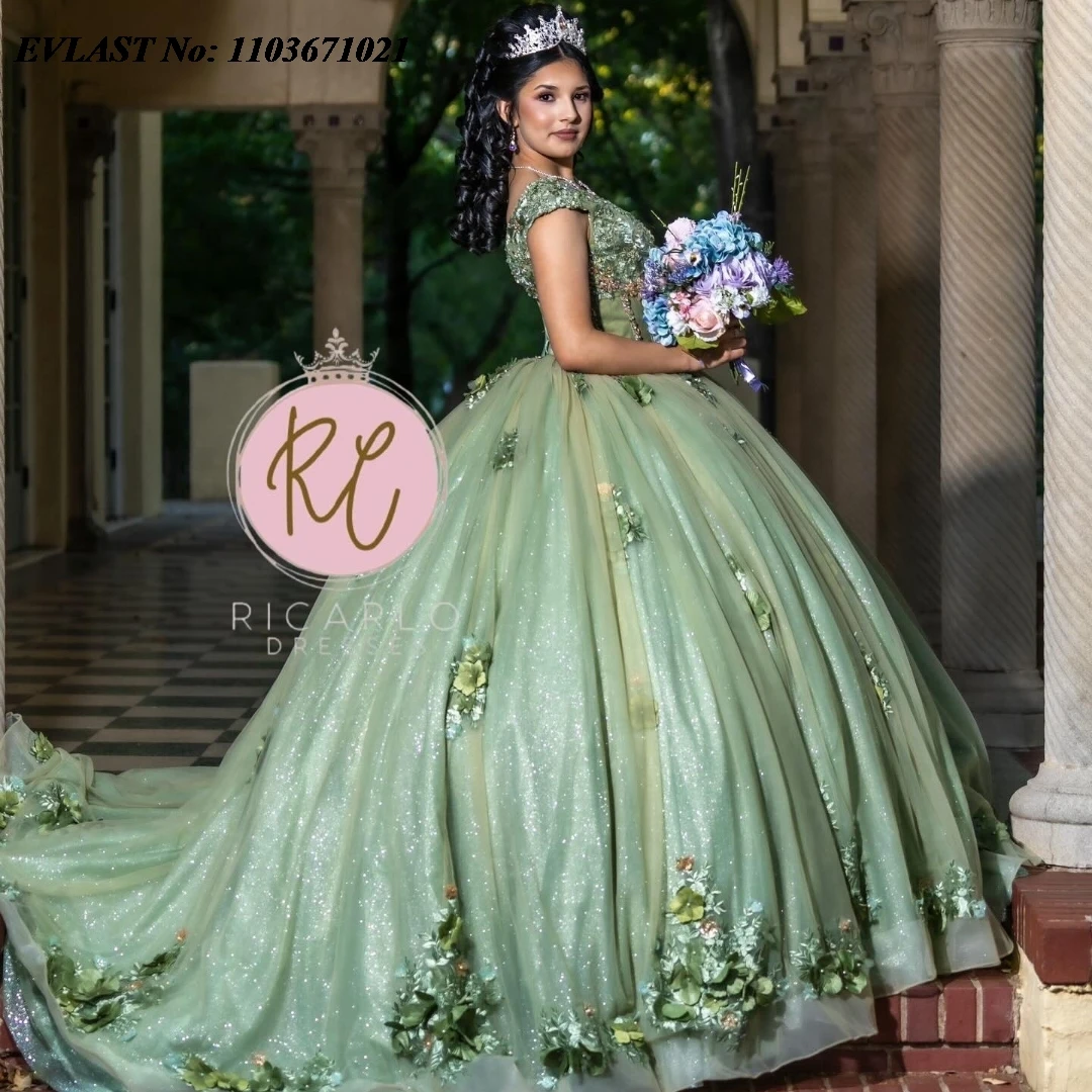 EVLAST индивидуальное шалфейное зеленое платье Quinceanera, бальное платье с открытыми плечами, 3D цветочной аппликацией, расшитое бисером, Sweet 16, Vestidos De Anos SQ349