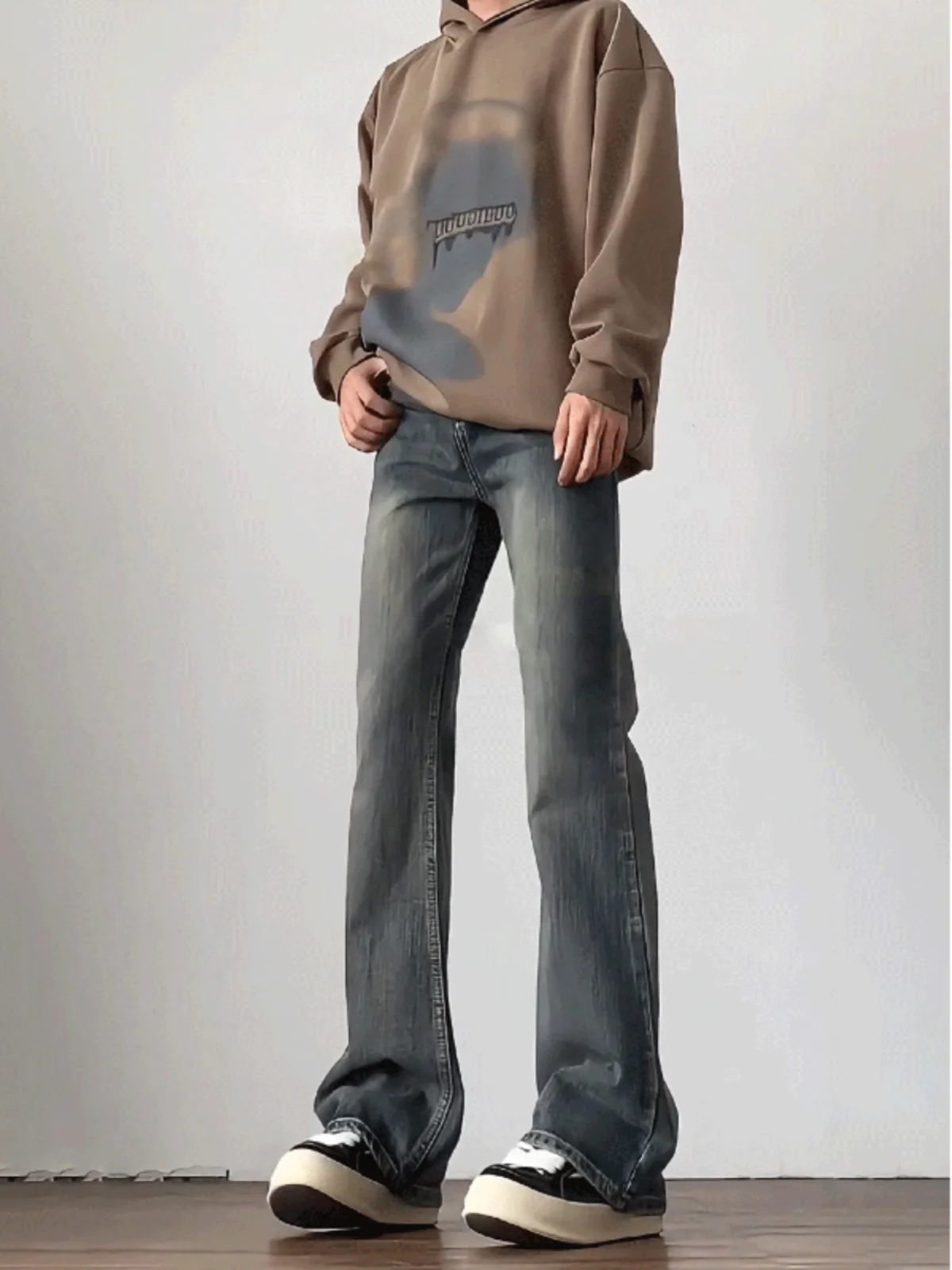 

Retro Blue Bamboo Node Pattern Men's Jeans Slim Fit High Street Sle Micro Flared Pants Wear Resistant Straight Tube Jeans