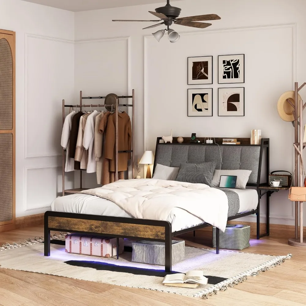 

Full Size Bed Frame with LED Lights, Industrial Storage Headboard with Charging Station,2 Side Shelves,Rustic Brown Bed Bases.