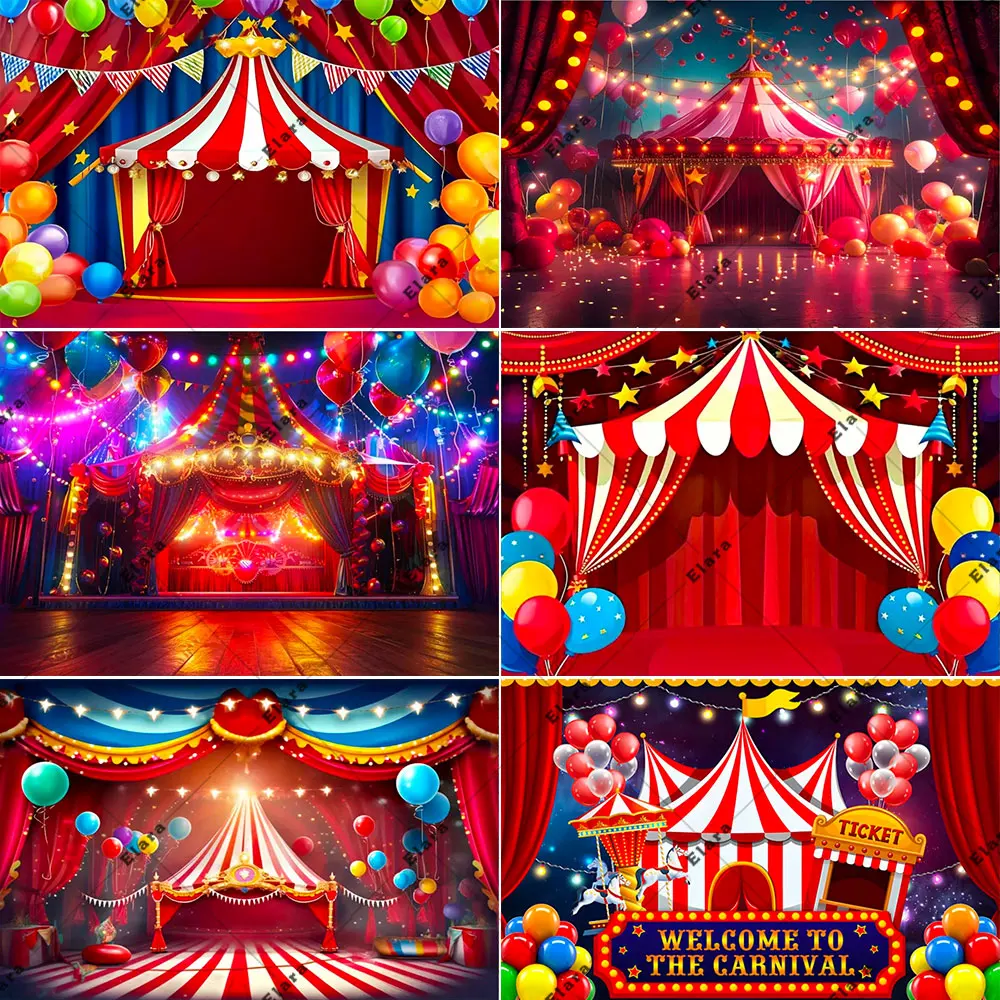 

Red Circus Tent Carnival Birthday Party Newborn Baby Shower Red Curtain Balloon Star Clown Photography Background Photo Studio