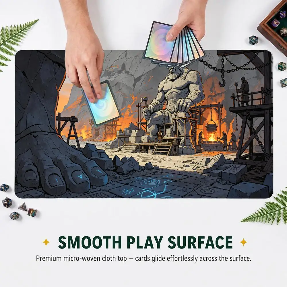 Ancient Giant Statue Forging Dwarven Forge TCG Play mat Volcano Scene Trading Card Game Desk Mat Non‑Slip Rubber Mouse Pad
