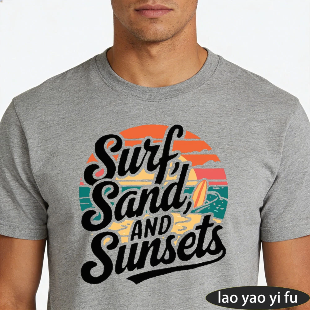 Surf Sand and Sunsets Summer Vintage Beach Print Men T-Shirt Cotton Short Sleeve Casual Fashion Top for Beach Vacation Gift Wear