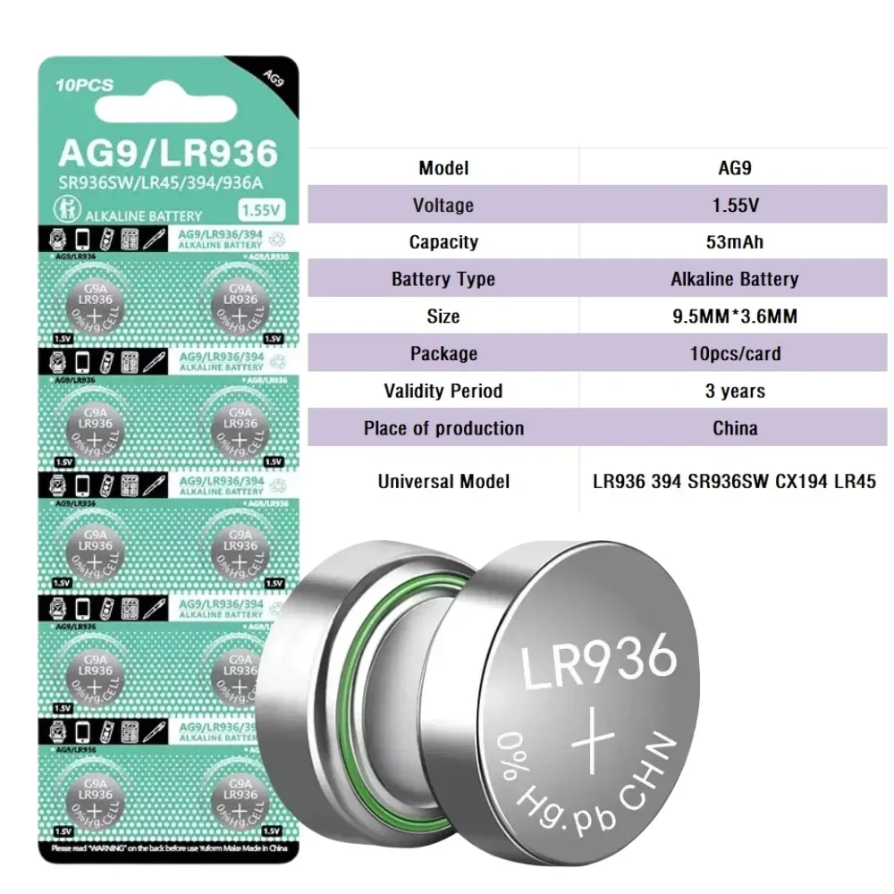 Alkaline Button Cell Battery AG9 LR936 1.5V 10-200PCS, SR936SW 394 394A L936F Replacement For Watch Calculator Thermometer Toy