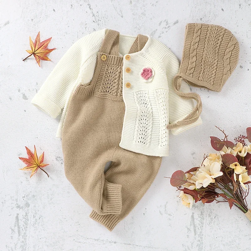 Baby Romper Set Knit Autumn Newborn Girl Boy Long Sleeve Coat Jumpsuit Outfit Hat 3PC Fashion Solid Infant Clothing Suit Sweater