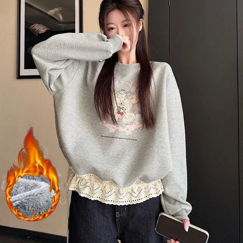 Women Fleece Lined Gray Lace Trim Drawstring Crew Neck Warm Sweatshirt Girls Korean Cute Cartoon Fashion Long Sleeve Top