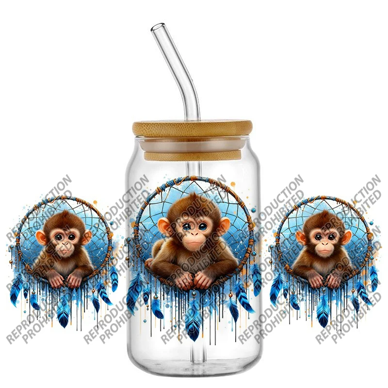 Waterproof Anti-Scratch UV DTF Cup Wraps Blue Drip Dream Catcher Wild Animals Cold Transfer Stickers For 16oz Libbey Glass Cup