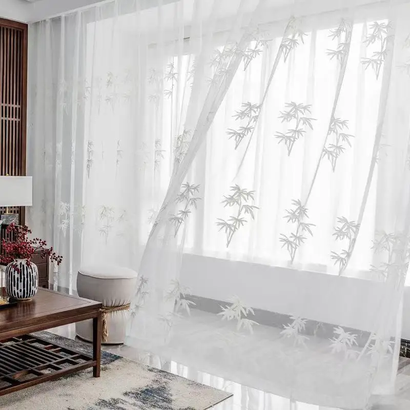 New Chinese Style Window Curtains Translucent Embroidery Bamboo White Mesh Curtain Zen Tea Incense Home Office Decor Living Room