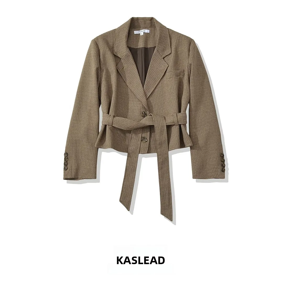 KASLEAD Women's Fashion Short Coat New Style Versatile Two-Way Wear Waist-Cinching Belted Outerwear European Style Long Sleeve