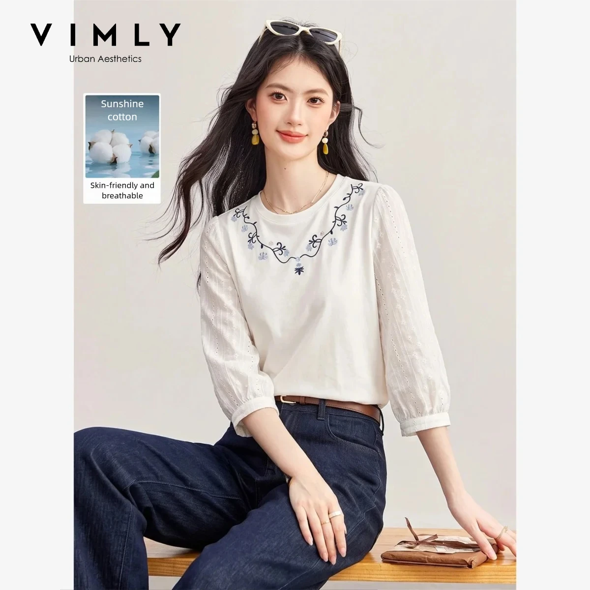 VIMLY Hollow Embroidered Puff Sleeve T‑shirt Women 2026 Fall French Ethnic Contrast Color Versatile Long Sleeve Top Female A6819