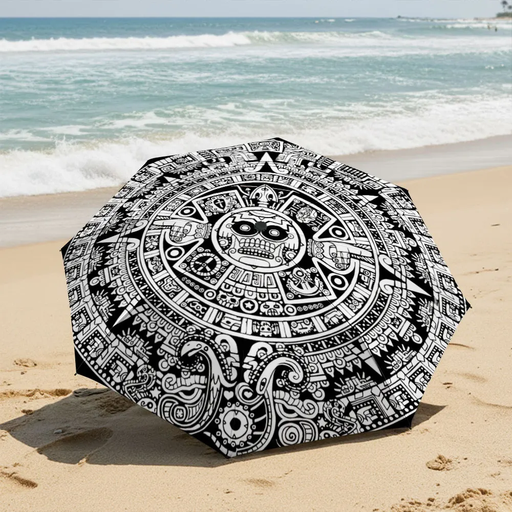 Aztec Calendar Design Umbrella - Black & White Pattern Compact Fashion Folding Umbrella for Daily Use, Christmas Gift
