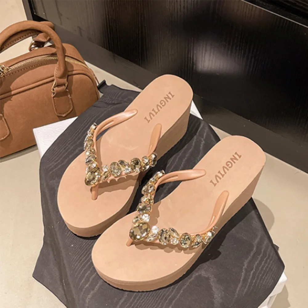 Rhinestone Flip Flops Women's Summer 7.5cm Slope High Heel Non Slip Outer Wear Fashionable Height Enhancing Cool Slippers Women